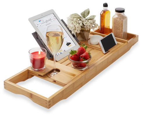 Wooden Bathtub Caddy with Expandable Bamboo Bath Tray